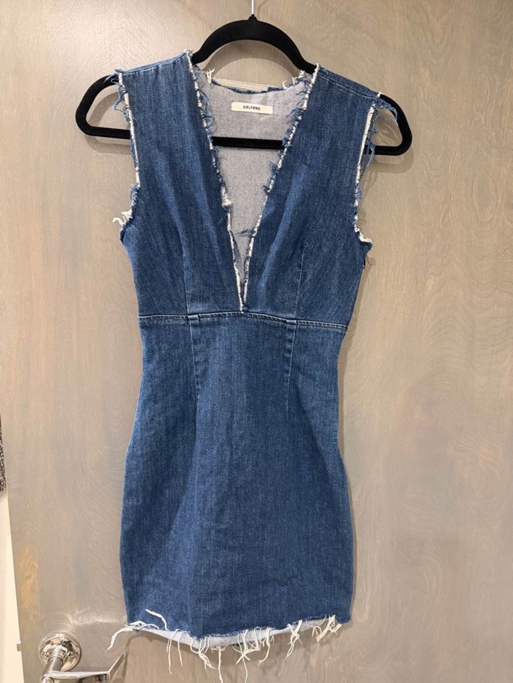 GRLFRND Dark Blue Frayed V-Neck Denim Mini Dress